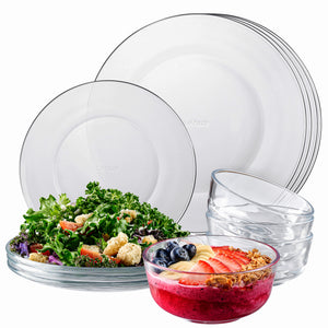 12pc Glass Dinnerware Set - Sleek Round Clear Glass Plate and Bowl Sets - Dishwasher Safe, Bread & Butter Dinner, Dessert, Salad Plates & Serving Cereal Soup Bowls Dishes for Kitchen Dining & Parties