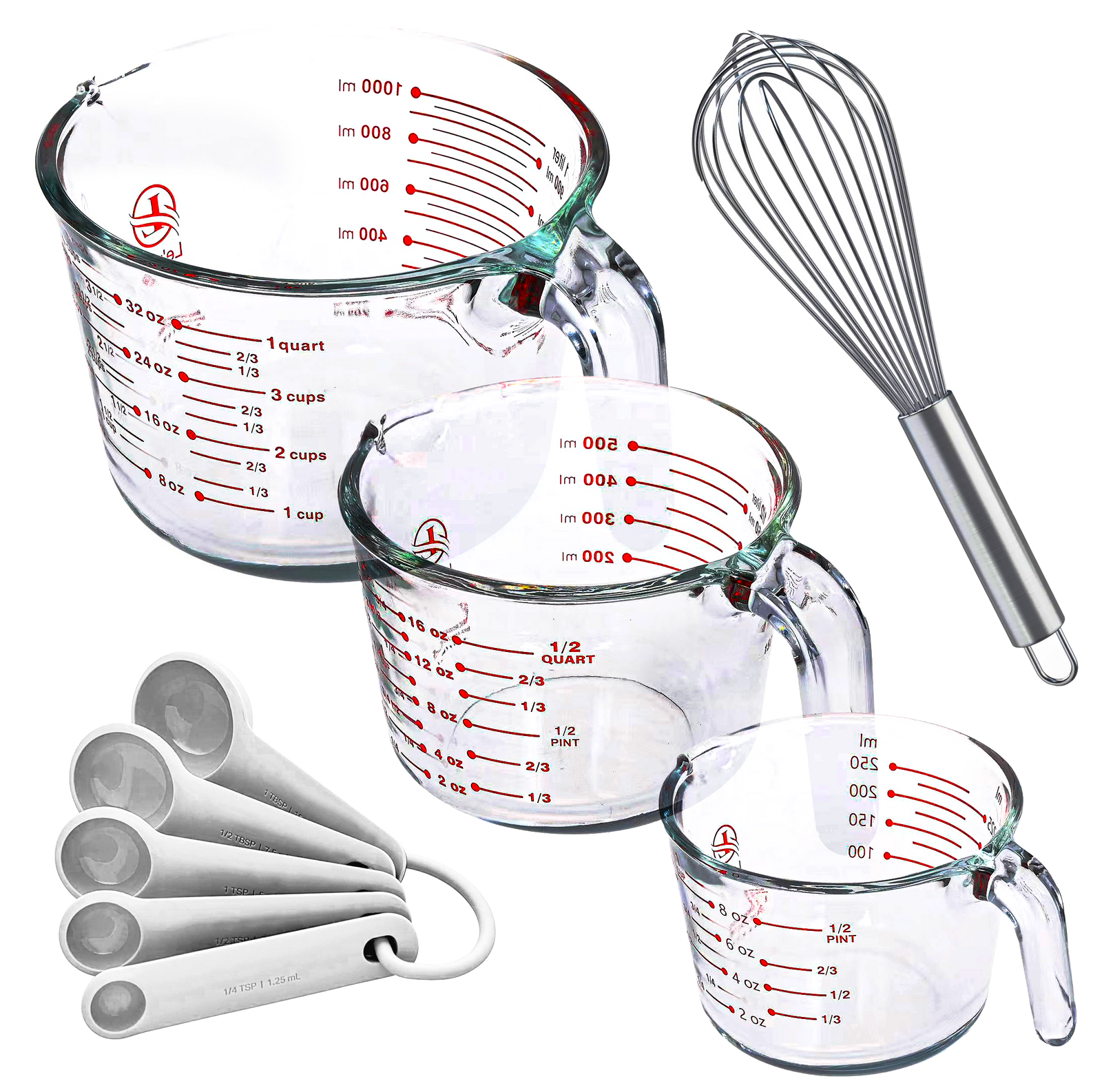 Set of 3 Glass Measuring Cups with Spoond and Whisk - Kitchen Mixing Bowl Liquid Measure Cup, Glass Tupperware Bakeware. 1 cup, 2 cup, 4 cup.