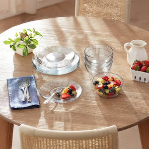 12pc Glass Dinnerware Set - Sleek Round Clear Glass Plate and Bowl Sets - Dishwasher Safe, Bread & Butter Dinner, Dessert, Salad Plates & Serving Cereal Soup Bowls Dishes for Kitchen Dining & Parties