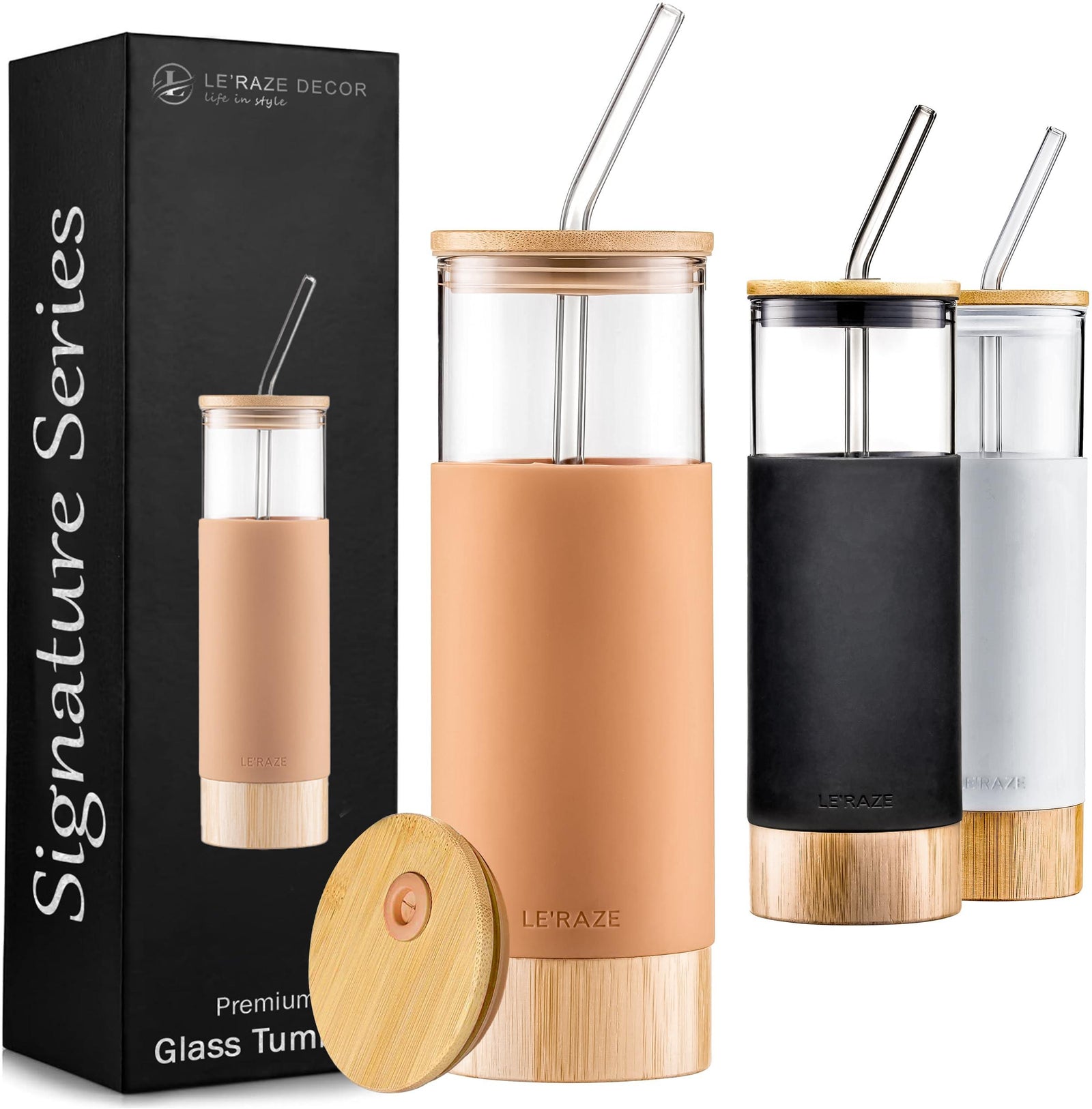 Premium 20oz Glass Tumbler Cup with Straw and Bamboo Lid & Base with Protective Silicone Sleeve - BPA Free - Growler Water Bottle Reusable Drinking Glasses Cup for Iced Tea, Coffee, Smoothie - Amber