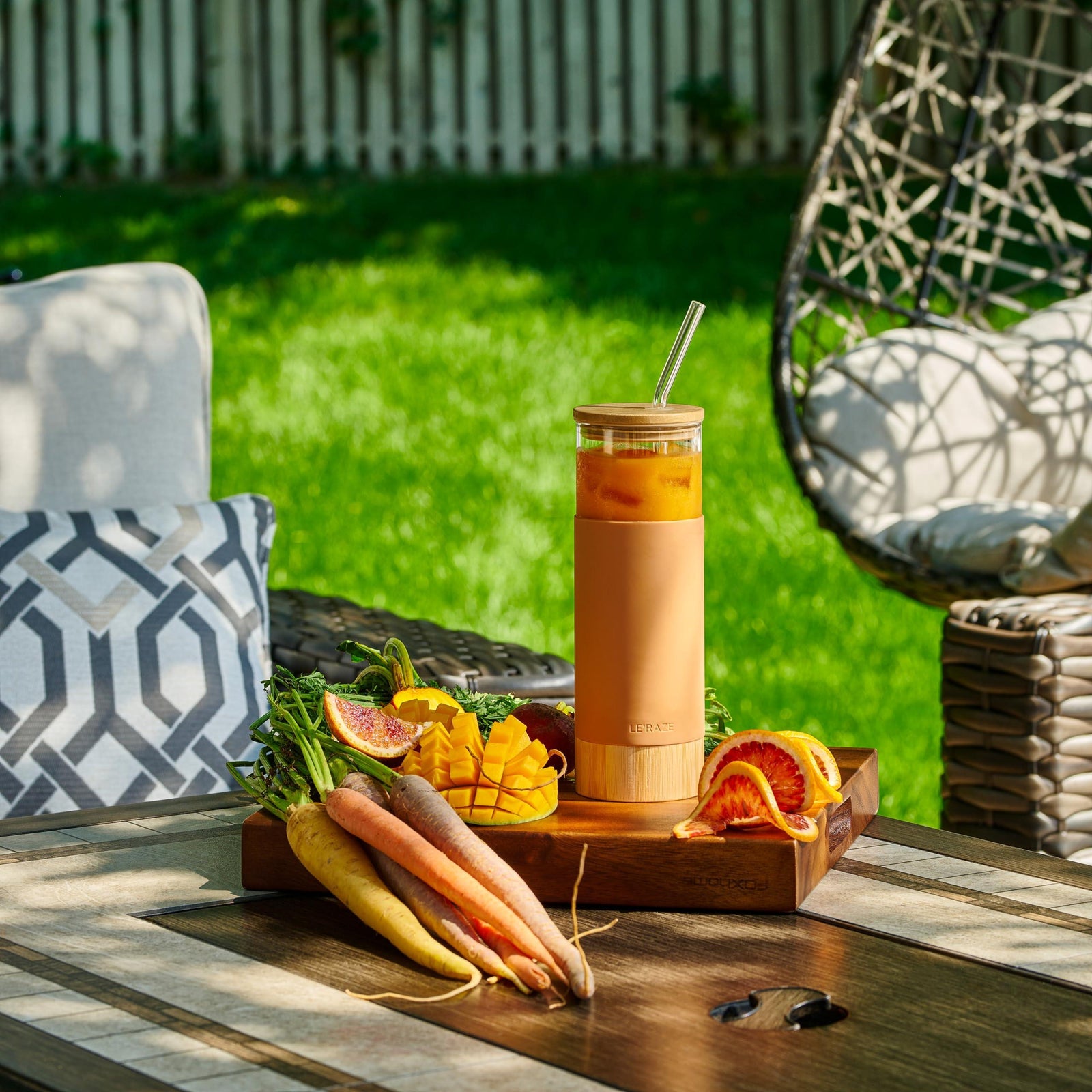 Premium 20oz Glass Tumbler Cup with Straw and Bamboo Lid & Base with Protective Silicone Sleeve - BPA Free - Growler Water Bottle Reusable Drinking Glasses Cup for Iced Tea, Coffee, Smoothie - Amber