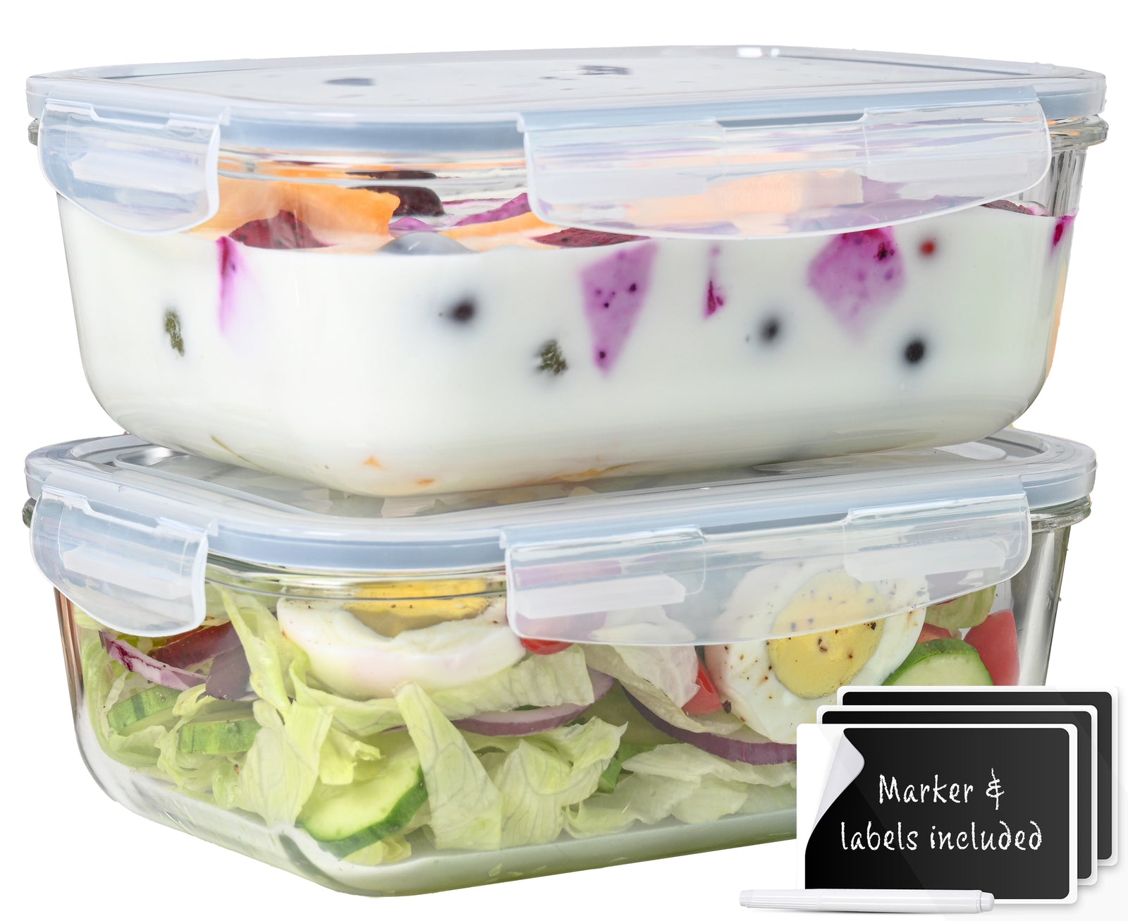 4pc Set of 8 Cup Large Glass Storage Containers with Lids. 2 Airtight, Freezer Safe Food Storage Containers and 2 lids, Pantry Kitchen Storage Containers, Glass Meal Prep Container for Lunch