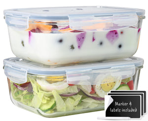 4pc Set of 8 Cup Large Glass Storage Containers with Lids. 2 Airtight, Freezer Safe Food Storage Containers and 2 lids, Pantry Kitchen Storage Containers, Glass Meal Prep Container for Lunch