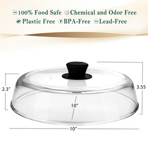 10inch Glass Microwave Splatter Cover for Food - 100% Food Grade BPA & Lead Free - Dishwasher Safe - Cookware & Bakeware Serving Dish Plate Mess Guard Lid with Easy Grip Silicone Handle Knob