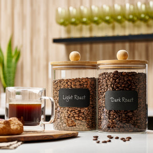 1 Gallon Glass Canister Sets for Kitchen Counter with Airtight Lids + Labels and Marker - Cookie Jars, Food Storage Containers with Bamboo Lids for Pantry, Flour, Sugar - Set of 2