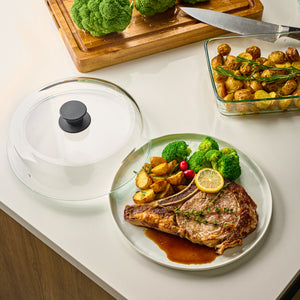 10inch Glass Microwave Splatter Cover for Food - 100% Food Grade BPA & Lead Free - Dishwasher Safe - Cookware & Bakeware Serving Dish Plate Mess Guard Lid with Easy Grip Silicone Handle Knob