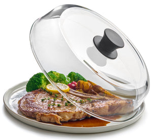 10inch Glass Microwave Splatter Cover for Food - 100% Food Grade BPA & Lead Free - Dishwasher Safe - Cookware & Bakeware Serving Dish Plate Mess Guard Lid with Easy Grip Silicone Handle Knob