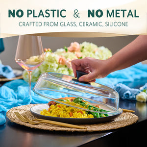 10inch Glass Microwave Splatter Cover for Food - 100% Food Grade BPA & Lead Free - Dishwasher Safe - Cookware & Bakeware Serving Dish Plate Mess Guard Lid with Easy Grip Silicone Handle Knob