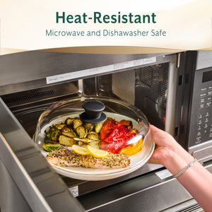 10inch Glass Microwave Splatter Cover for Food - 100% Food Grade BPA & Lead Free - Dishwasher Safe - Cookware & Bakeware Serving Dish Plate Mess Guard Lid with Easy Grip Silicone Handle Knob
