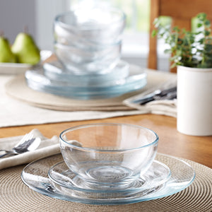 12pc Glass Dinnerware Set - Sleek Round Clear Glass Plate and Bowl Sets - Dishwasher Safe, Bread & Butter Dinner, Dessert, Salad Plates & Serving Cereal Soup Bowls Dishes for Kitchen Dining & Parties