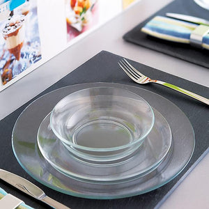12pc Glass Dinnerware Set - Sleek Round Clear Glass Plate and Bowl Sets - Dishwasher Safe, Bread & Butter Dinner, Dessert, Salad Plates & Serving Cereal Soup Bowls Dishes for Kitchen Dining & Parties