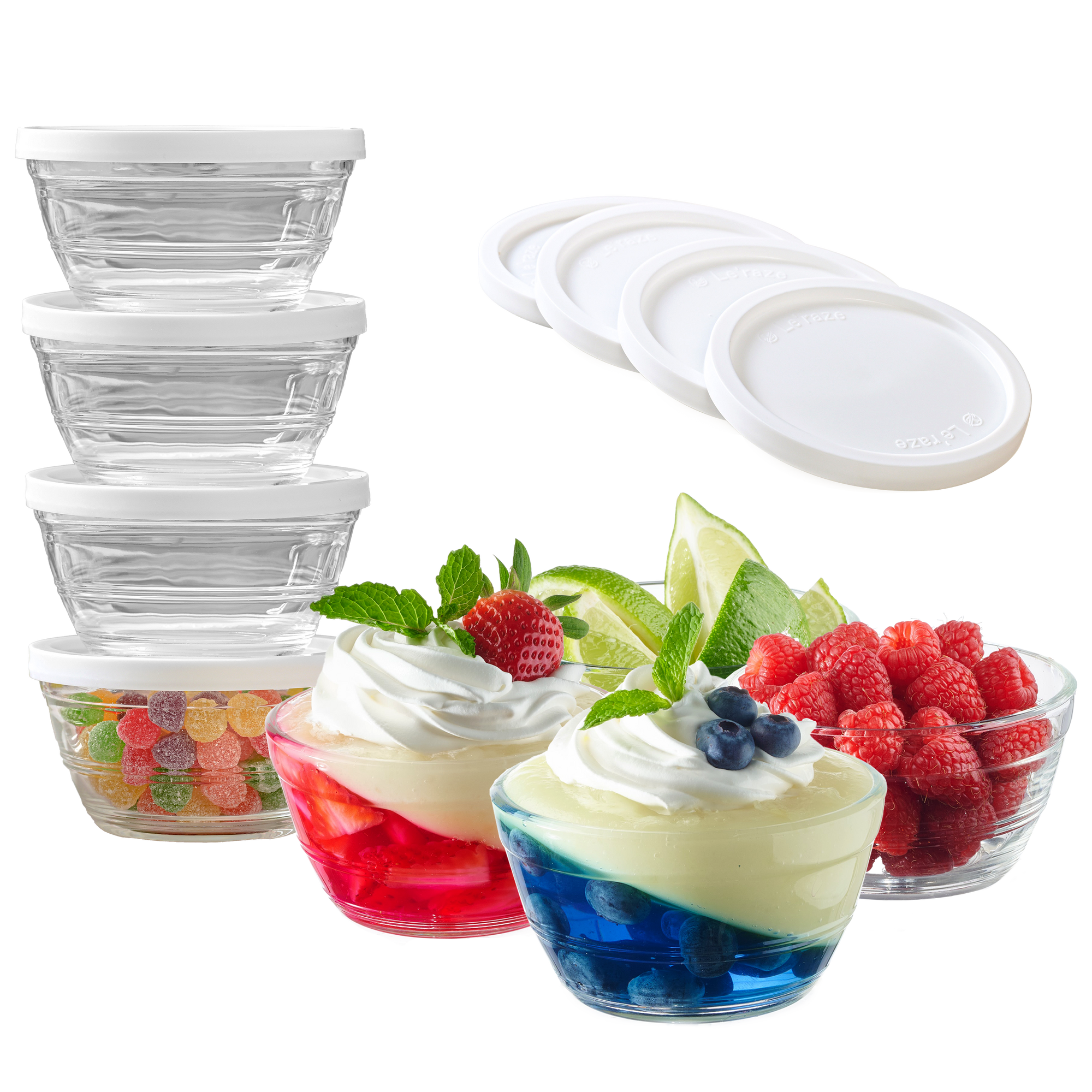 16pc Set of Small Glass Bowls with Airtight Lids - 8oz Stackable Custard Cups - 8 Clear Mise en Place Food Prep Bouillon Cups & Mixing Bowls + 8 Lids for Sauces Dips, Nuts Oats, Candy Dessert, Cereal.