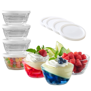 16pc Set of Small Glass Bowls with Airtight Lids - 8oz Stackable Custard Cups - 8 Clear Mise en Place Food Prep Bouillon Cups & Mixing Bowls + 8 Lids for Sauces Dips, Nuts Oats, Candy Dessert, Cereal.