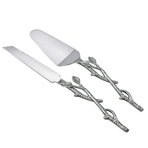Elegant Rustic Cake Server & Knife Set with Beautiful Leaf Design, Ideal Cake Cutting Set, 2 Piece Silver Twig Pie Server Set - Le'raze by G&L Decor Inc
