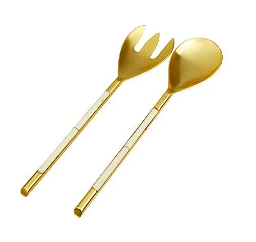 Gold Stainless Steel Salad Servers With White Handle 2-Piece Salad Server Fork & Spoon Set - Le'raze by G&L Decor Inc