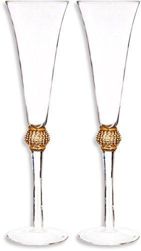 Elegant Crystal Champagne Toasting Flutes, With Gold Ball and small Diamonds, Set of 2 Glasses,Ideal for Marriage Proposal, WeddingParty Essentials. - Le'raze by G&L Decor Inc