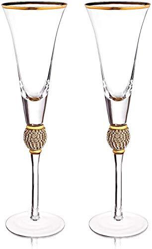 Le'raze Elegant Champagne Flutes, Champagne glasses with Gold Rim and Sparkling Crystals, Ideal for Wedding, Party Essentials, Wine Gifts – Set of 2 stemmed glass flutes - Le'raze by G&L Decor Inc