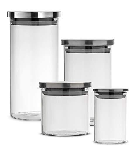 Canister Set for Kitchen Counter Set of 4, Glass Jars with Airtight Stainless Steel Lid, Clear Food Storage Container Ideal for Flour, Sugar, Coffee, Candy, Snack and More - Le'raze by G&L Decor Inc