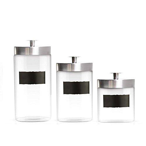Set of 3 Round Clear Apothecary Glass Canister Jars with Chalkboard with Tight metal Lids for Kitchen or Bathroom ~ Food,cookie,cracker, Storage Containers - Le'raze by G&L Decor Inc