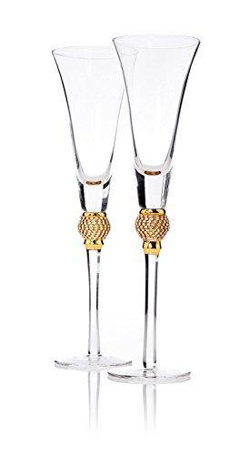 Elegant Crystal Champagne Toasting Flutes, With Gold Ball and small Diamonds, Set of 2 Glasses,Ideal for Marriage Proposal, WeddingParty Essentials. - Le'raze by G&L Decor Inc