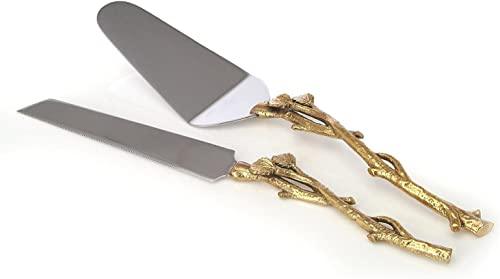 2 Piece Gold Leaf (twig) Cake Server Set. 1 Cake Knife and 1 Cake Server. Ideal for Weddings, Party's, Elegant events. - Le'raze by G&L Decor Inc