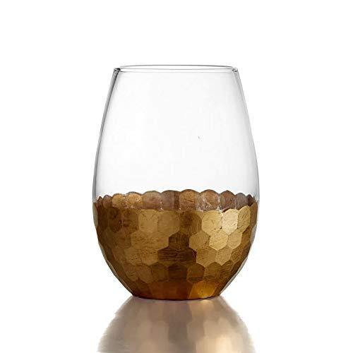 Stemless Wine Glasses - Set of [4] Stemless Goblets with Gold Accent for Red or White Wine - 17-Oz - Le'raze by G&L Decor Inc