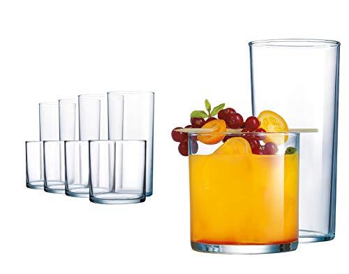 Elegant Drinking Glasses, 8 Highball Glasses (16oz) and 8 Rocks Glass (12oz), Set of 16 Durable Glass Cups — Lead-Free Clear Glassware Set - Le'raze by G&L Decor Inc