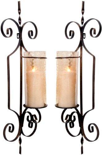 Le'raze Set of Two Decorative Wall Sconce Candle Holder Pair Elegant of Swirling Iron Hanging Wall Candle Holders Votives with Amber Finished Globes. Ideal Gifts & Decor for Home, Office, Spa. - Le'raze by G&L Decor Inc