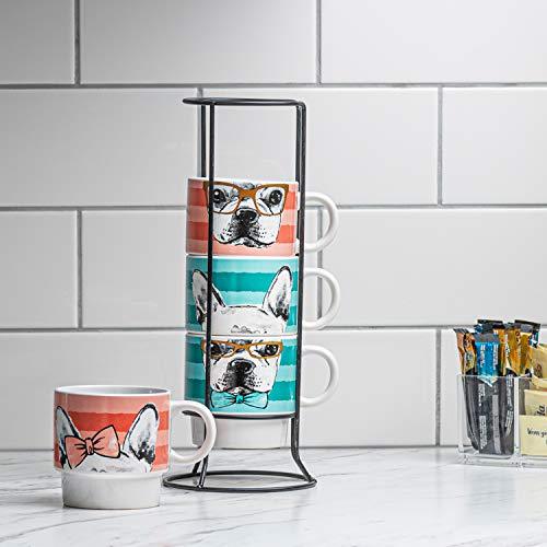 Ceramic Mug and Rack Set – Set of 4 Cups and Standing Metal Rack for Kitchen Countertop, Tabletop, Island or Café Display – Perfect for Tea and Coffee Lovers - Le'raze by G&L Decor Inc