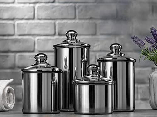 Le'raze FOOD STORAGE CONTAINERS for Kitchen Counter with MARKER, LABELS, & SCOOP. [Set of 4] Stainless Steel Pot-Like Canister Set, Ideal for Flour Tea, Sugar, Coffee, Candy, Cookie Jar - Le'raze by G&L Decor Inc