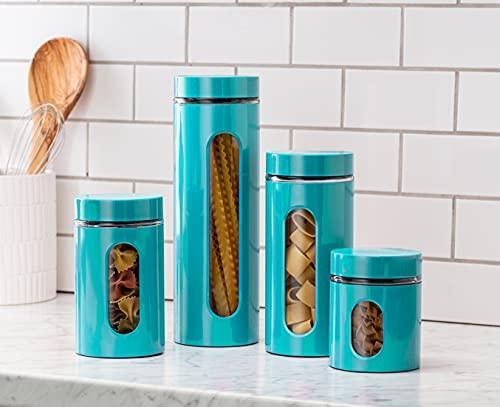 Quality Modern Aqua Stainless Steel Canister Set for Kitchen Counter with Glass Window & Airtight Lid - Food Storage Containers with Lids Airtight - Pantry Storage and Organization Set - Le'raze by G&L Decor Inc