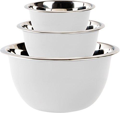 Beautiful Set of 3 White Round Serving Bowls with Bright Mirror Finish Stainless Steel interior, Professional Cookware and Prep Polished Mixing Bowl, Nesting Basin with Wide Rims. Multipurpose Dish - Le'raze by G&L Decor Inc