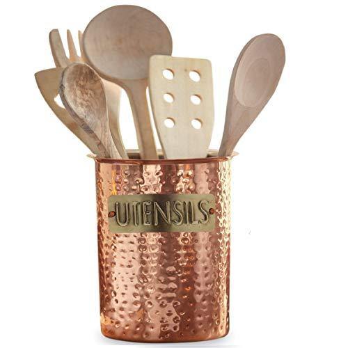 Hammered Copper Utensil Crock - Large Stainless Steel Kitchen Utensil Holder - Vintage Organizer-Kitchen Tool Caddy - 6" Diameter - Le'raze by G&L Decor Inc