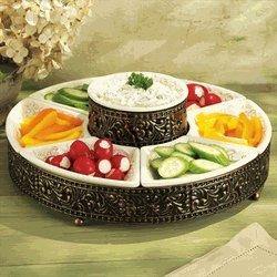 Elegant 7-Piece Section Relish Dish Server, Ceramic and Pressed Metal, Ideal for Appetizers, Salad, Party Bowl, Serving, Chip and Dip Set. - Le'raze by G&L Decor Inc