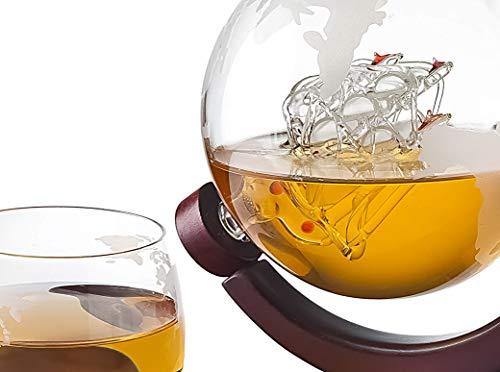 ELEGANT Home Bar Decor 5 pc Whiskey/Wine Globe Decanter Set, World Etched Bottle With 4 Premium Glass Cups On Attractive Mahogany Wood Stand. - THE PERFECT PRESENT - - Le'raze by G&L Decor Inc