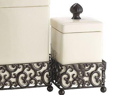 Durable Set of Three (3) Square Off White Ceramic with Pressed Metal Canisters with Lids ~ Storage & Home Decor Apothecary Jars Centerpiece, - Le'raze by G&L Decor Inc