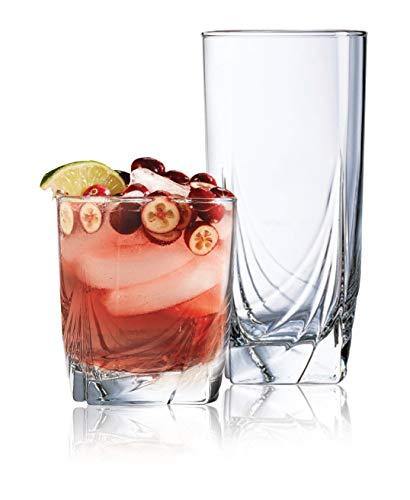 Set of 16 Drinking Glasses, Heavy Base Durable Glass Cups - 8 Cooler Glasses (16oz) and 8 Rocks Glasses (13oz), 16-piece Glassware Set - Le'raze by G&L Decor Inc