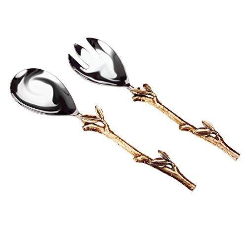 2 Piece Goldleaf Salad Server Set. 1 Salad Spoon and 1 Salad Fork. Leaf Design 2 Tone Made of Stainless Steel and Brass - Le'raze by G&L Decor Inc