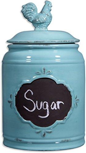 Ceramic Aqua Jar with Rooster Finial Lid & Chalkboard, Single Canister, Classic Vintage Design for Flour, Sugar, Cookies - 62oz. - Le'raze by G&L Decor Inc