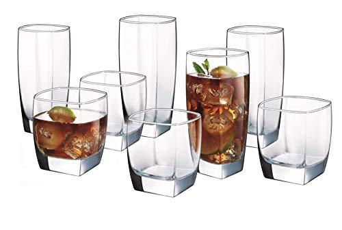 Set of 16 Square Heavy Base Durable Drinking Glasses Includes 8 Cooler Glasses(16oz) and 8 Rocks Glasses(10oz), 16-piece Elegant Glassware Set - Le'raze by G&L Decor Inc