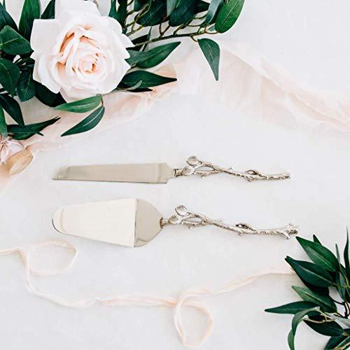 Elegant Rustic Cake Server & Knife Set with Beautiful Leaf Design, Ideal Cake Cutting Set, 2 Piece Silver Twig Pie Server Set - Le'raze by G&L Decor Inc