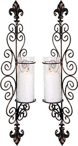 Set of Two Decorative Bronze Metal Wall Sconce and Crackle Finished Hurricane Candle Holders, Wall Lighting – Perfect for A Living Room – Dining Room Or Entry Way - Le'raze by G&L Decor Inc