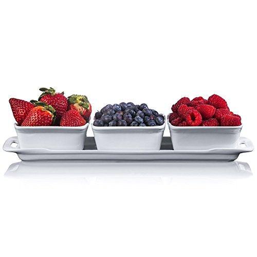 Pure White Porcelain Relish Tray with 3 Mini Dishes Condiment Set Buffet Server with Handles for Dried Fruits, Snacks, Ice Cream, Chips, Desserts - Le'raze by G&L Decor Inc