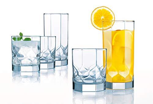 Drinking Glasses Set of 16 Clear Heavy Base Glass Cups | Glassware Set Includes 8 Highball Glasses 8 Tumbler Glasses Ideal for Water, Juice, Beer, Wine, and Cocktails - Le'raze by G&L Decor Inc