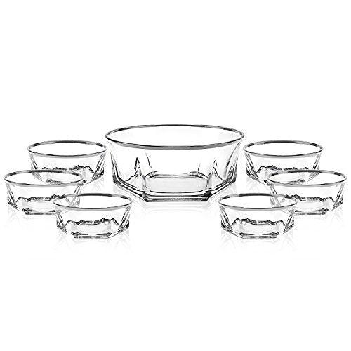 Elegant Luxury Crystal 7 Piece Serving Salad Bowl Set with Silver Trim. 1 Large and 6 Small. Made of Fine Imported Glass. - Le'raze by G&L Decor Inc