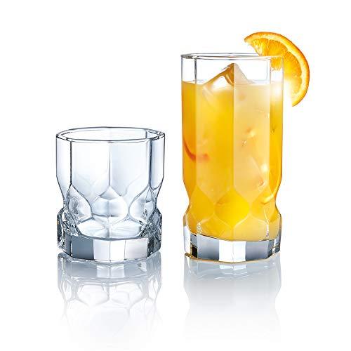 Drinking Glasses Set of 16 Clear Heavy Base Glass Cups | Glassware Set Includes 8 Highball Glasses 8 Tumbler Glasses Ideal for Water, Juice, Beer, Wine, and Cocktails - Le'raze by G&L Decor Inc