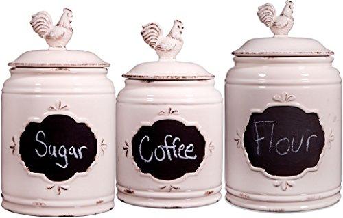 Set of 3 Ivory Ceramic Round Chalkboard Rooster Canister Jars with Tight Lids for Kitchen or Bathroom, Food Storage Containers, - Le'raze by G&L Decor Inc