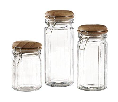 Set of 3 Glass Canister Jars with Trigger Airtight Tight Lids and Wooden Cover for Kitchen Countertop and Bathroom Clear, Round, Food, Cookie, Cracker, Storage Containers - Le'raze by G&L Decor Inc