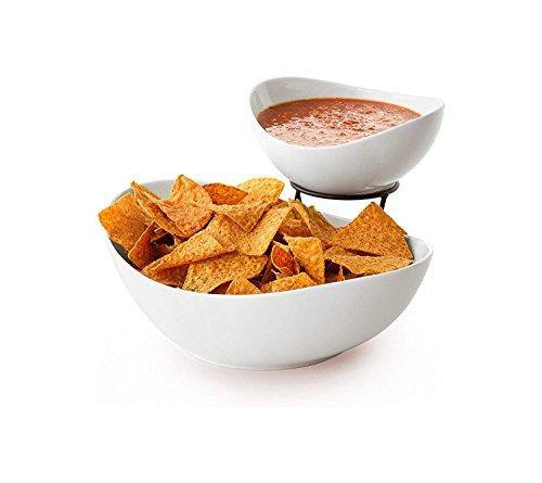 2 Tier Serving Stand,Durable Ceramic Food Display Stand – Chip and Dip, Appetizer Platter - Great for Chips, Dips, Salad and Other Snack Foods - Le'raze by G&L Decor Inc