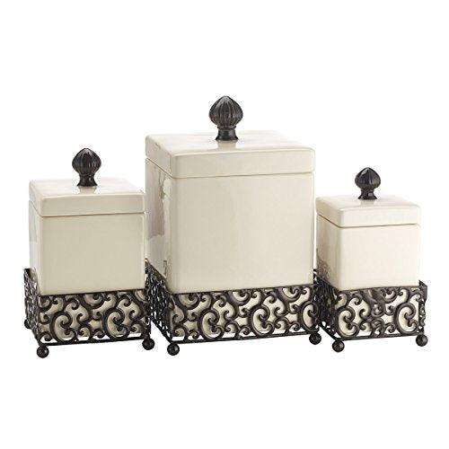 Durable Set of Three (3) Square Off White Ceramic with Pressed Metal Canisters with Lids ~ Storage & Home Decor Apothecary Jars Centerpiece, - Le'raze by G&L Decor Inc